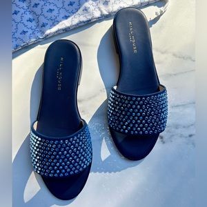 NWT Hill House Navy Blue Suede & Crystal Rhinestone City Slide Sandals Size 37.5